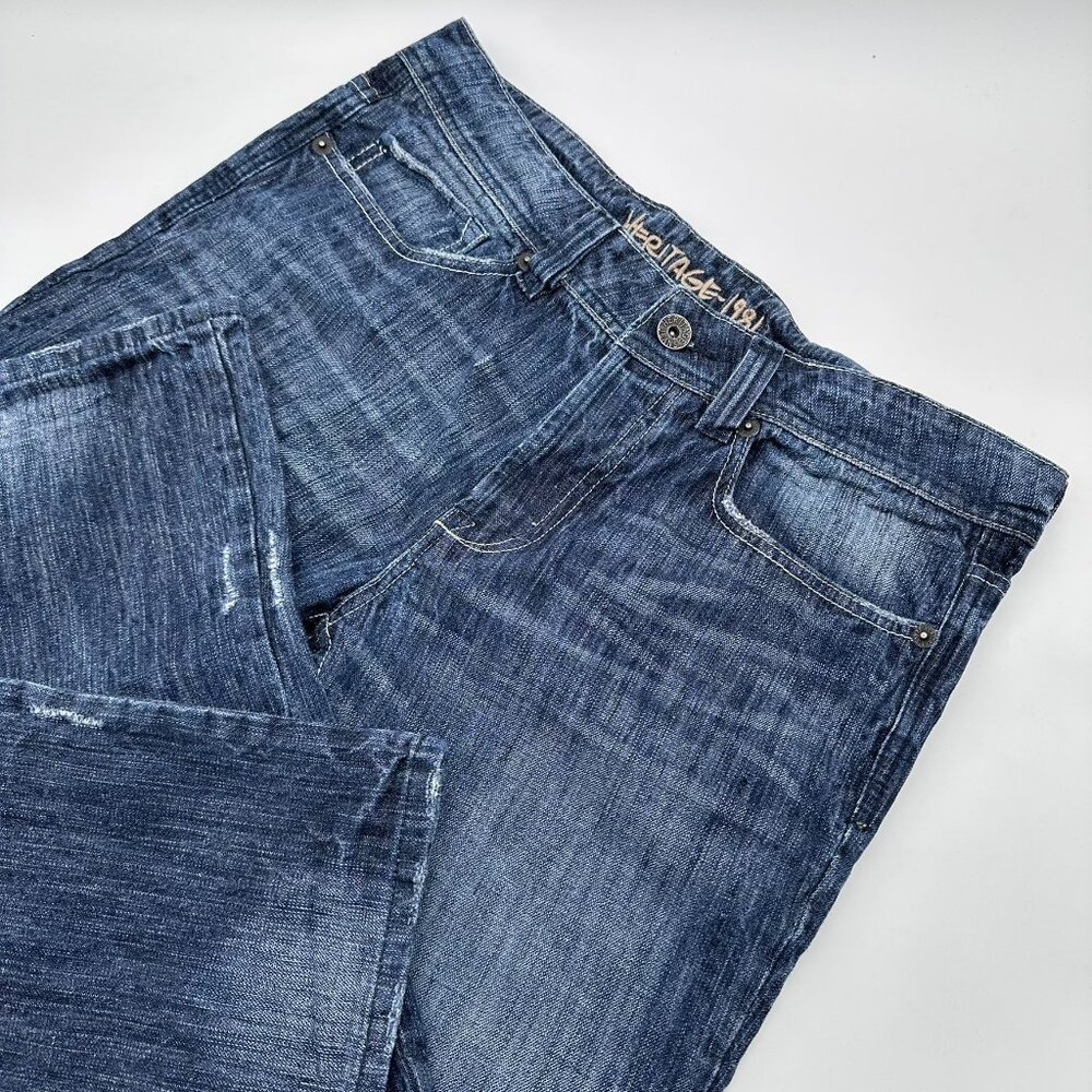 Heritage-1981 Men's Distressed Button Fly Jeans, Size W34 x L32, Dark Wash